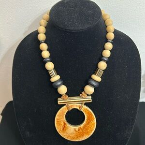 Bohemian, wood beaded necklace, different shaped beads